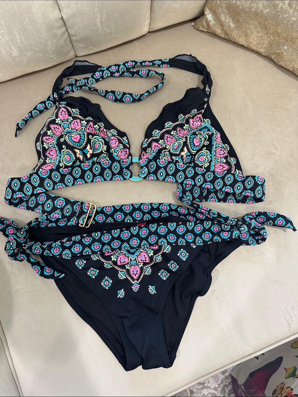 Victoria's Secret Black Bikini Set with Pink and Teal Floral Embroidery